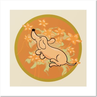 Cute dachshund flying around flowers Posters and Art